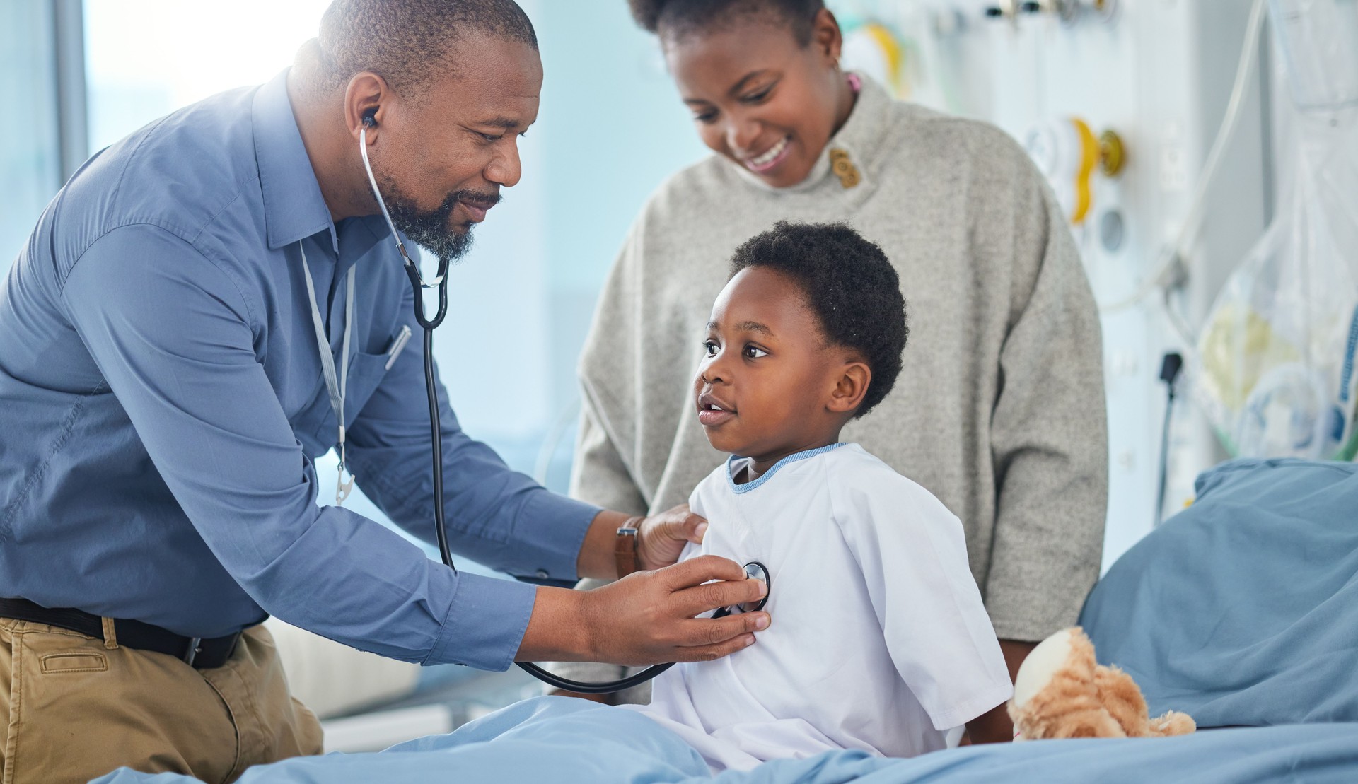 Pediatrician, mother or child breathing in hospital for medical help, insurance exam or lungs test. Heart beat, stethoscope or doctor listening to kid patient, parent or African mom for wellness